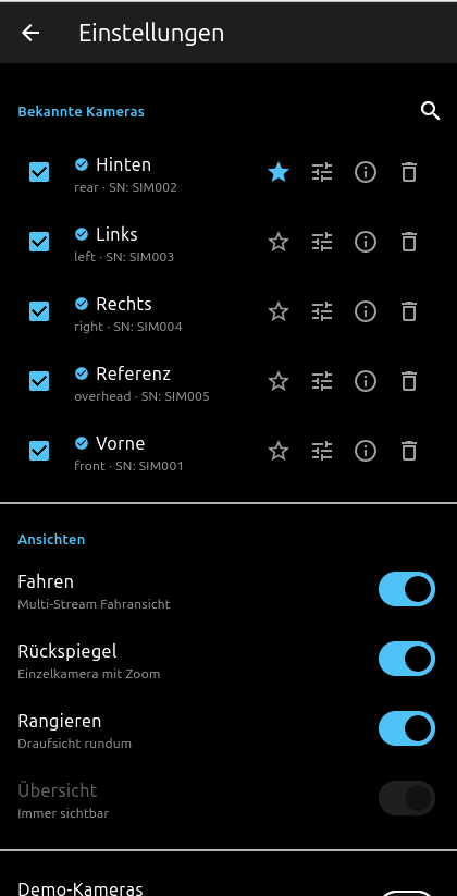 Einstellungen mit Kameraliste und sichtbaren Reitern