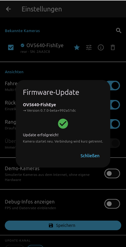 Meldung: Update erfolgreich, Kamera startet neu, Verbindung wird kurz getrennt