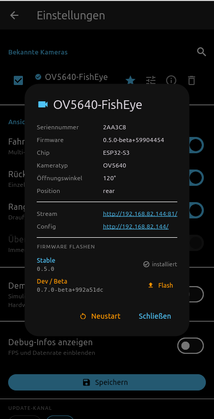 Kameradetail mit Seriennummer, Firmware und Chip, darunter der Abschnitt Firmware flashen mit Stable als installiert und Dev/Beta mit Flash-Schaltfläche