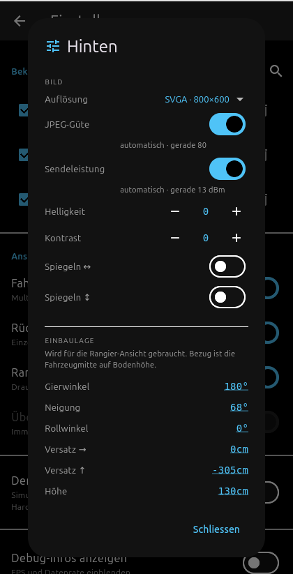Der Abschnitt Einbaulage mit Gierwinkel, Neigung, Rollwinkel und den drei Versätzen