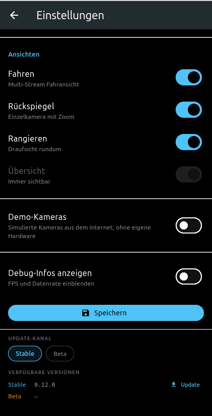 Einstellungen mit dem Umschalter Stable/Beta und darunter der Liste der verfügbaren Versionen